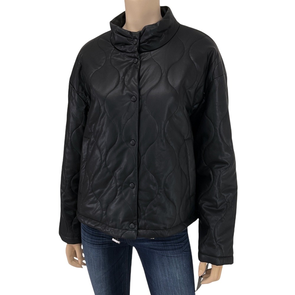 Andrew Marc Jacket Women XL Black Long Sleeve Faux Leather Quilted NWT